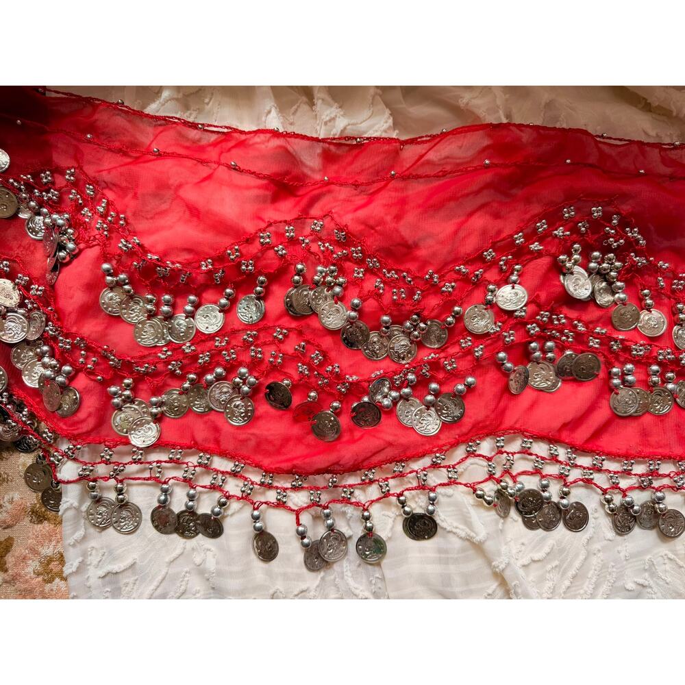 Red Belly Dance Hip Scarf Coin Wrap Sheer Chiffon Silver Tone Coins Used - Picture 4 of 16